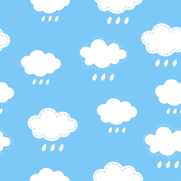 白い毛深い漫画の雲と淡い青い空の雨の滴のシームレスパターン背景 子供のためのベクトルイラスト 織物または背景