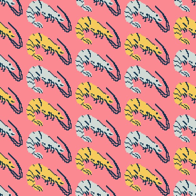 Vector seamless pattern background wrapping paper illustration print with shrimps in vector pixel art