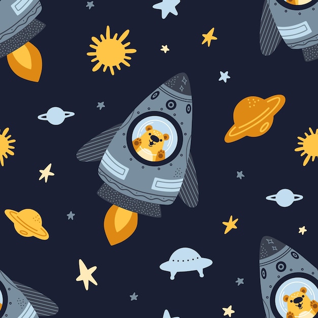 Seamless pattern bear flying on a rocket in space. cute cartoon astronaut teddy.