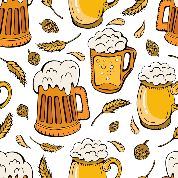 Modello senza cuciture di boccali di birra, luppolo e spighe di grano. birra bevande retrò fumetto di tazze e boccali pieni di birra leggera, birra chiara e bevande ale.