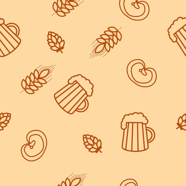 Vector seamless pattern of beers ears hop pretzels