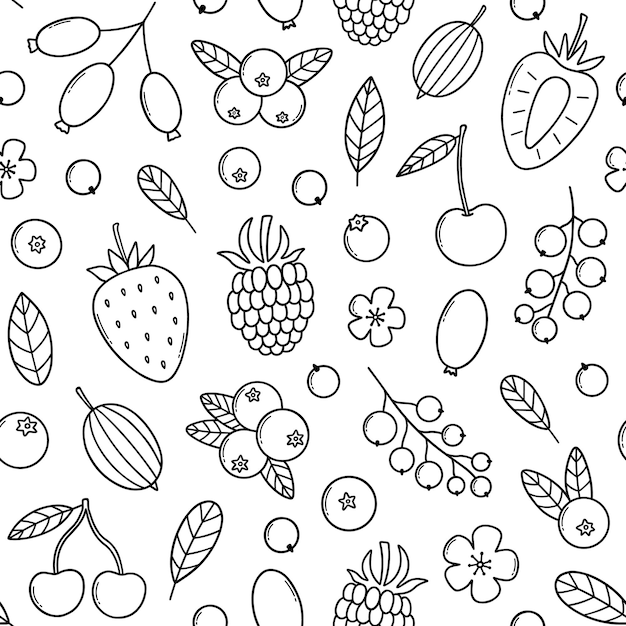 Modello senza cuciture di bacche doodle fragole lamponi uva spina mirtilli ciliegia more in stile schizzo