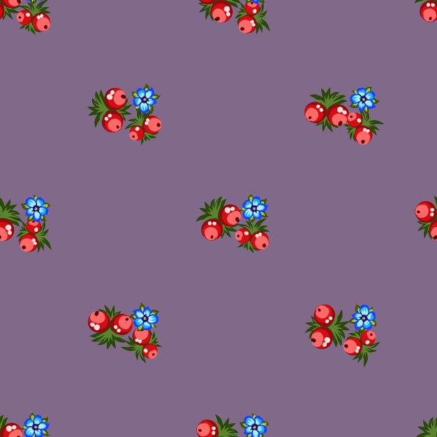 딸기, 꽃의 완벽 한 패턴입니다. 손으로 그린 꽃 장식. 직물, 종이, 포장, 민속 스타일의 다채로운 낙서 요소를 위한 디자인. 소박한 스타일의 꽃과 열매