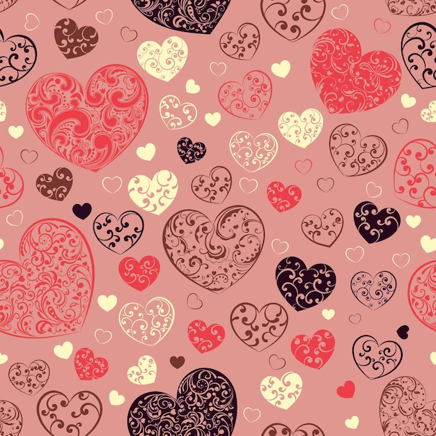 Seamless pattern of big and small hearts with curls, multicolored on pink