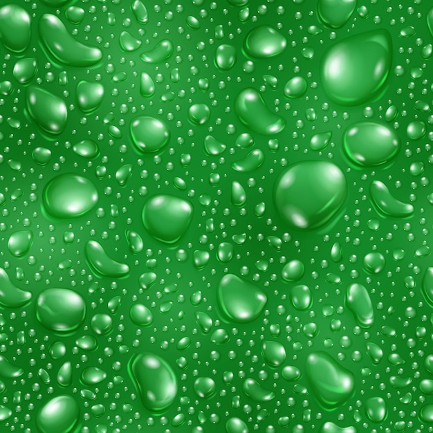 Vettore modello senza cuciture di gocce d'acqua realistiche grandi e piccole nei colori verdi