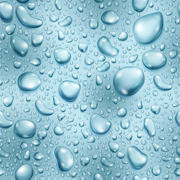 Vector seamless pattern of big and small realistic water drops in light blue colors