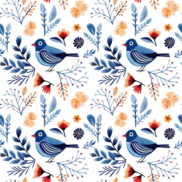 Seamless pattern birds and floral doodle Watercolor hand drawn background birds and flowers