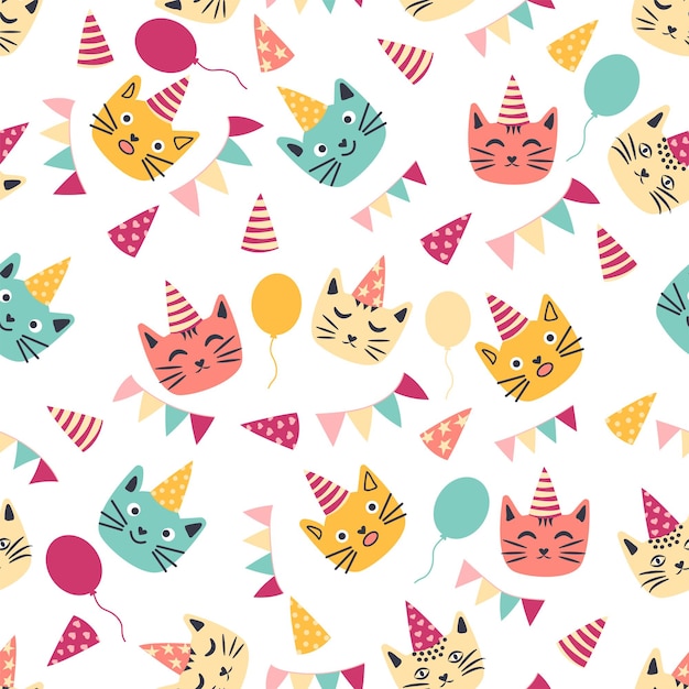 Seamless pattern of birthday celebration elements balloons gifts flag cake cute cat in hat