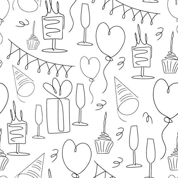 Seamless pattern birthday doodle sketch Hand drawn background for a party holiday for children Party decorative items