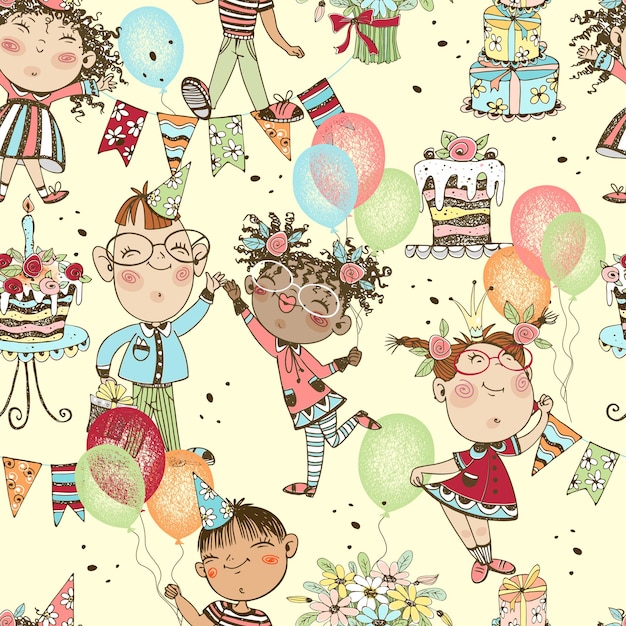 Seamless pattern on the birthday theme Funny children with balloons and gifts at the party Vector