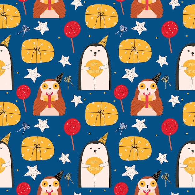 Seamless pattern for birthday with cute owl gift and owl Vector flat illustration