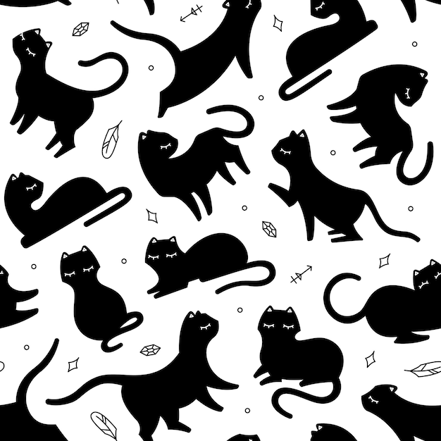 Seamless pattern black cat different poses and decorative boho style element, vector repeat mystical illustration