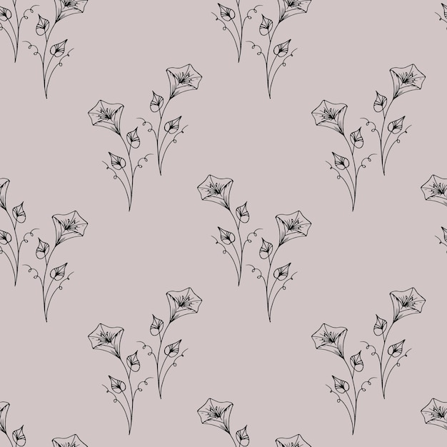 Seamless pattern black outline flowers in doodle style on a beige background Print textile