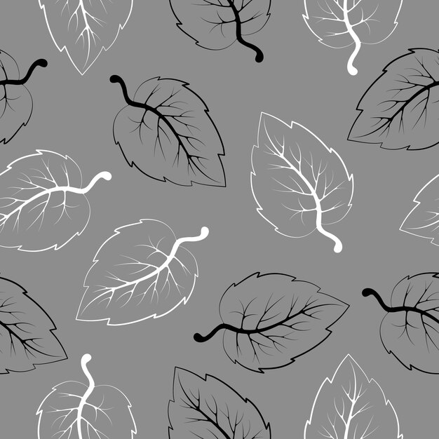 Seamless pattern black and white leaves on a gray background