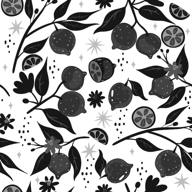 Seamless pattern of black and white lemons.