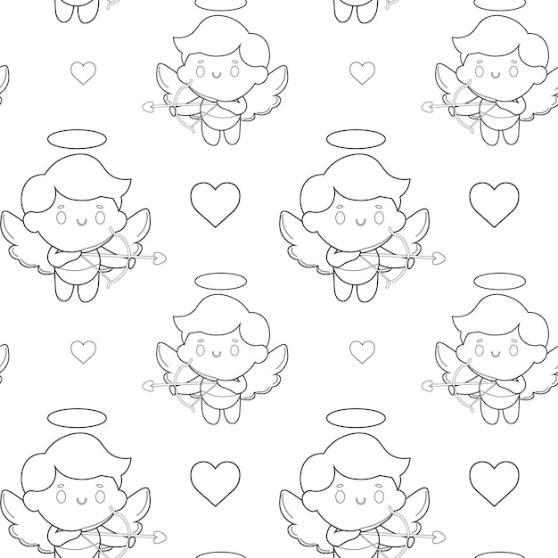 Seamless pattern black and white outline cupids hearts on white background doodle style Vector