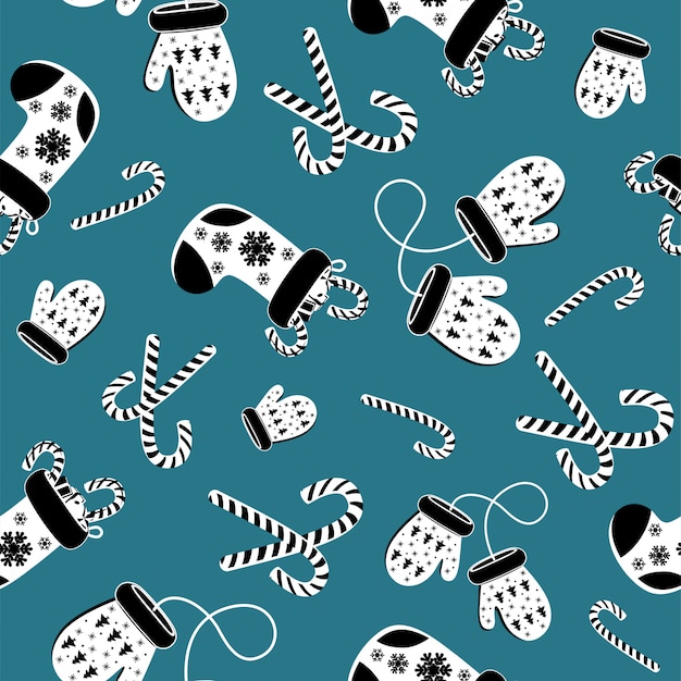 Seamless pattern black and white of woolen blue mitten and christmas socks