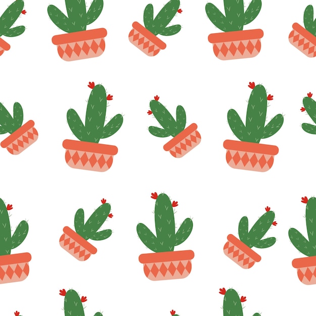 Seamless pattern Blooming cactus in a pot with an ornament vector illustration