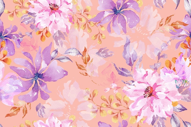 Seamless pattern of blooming flowers with watercolor for fabric and wallpaperBotany background