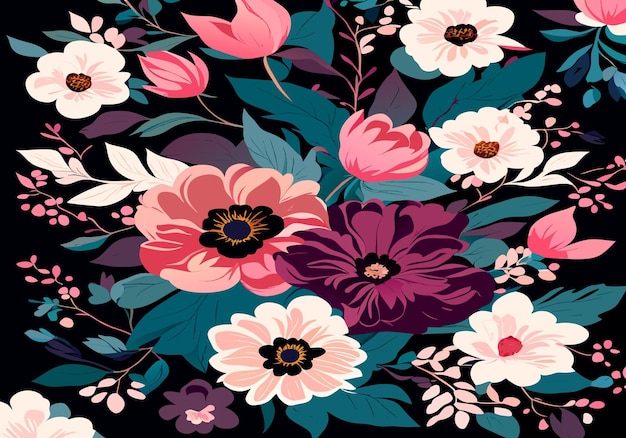 Seamless pattern of blooming flowers