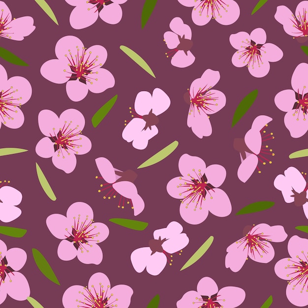 Seamless pattern of blooming pink flowers and green leaves Vector illustration