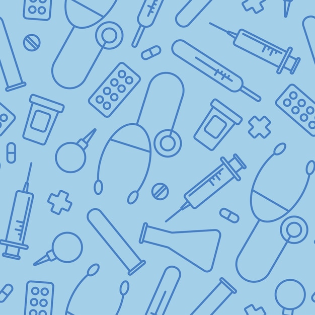 Vector seamless pattern on a blue background with white medical instruments in lines