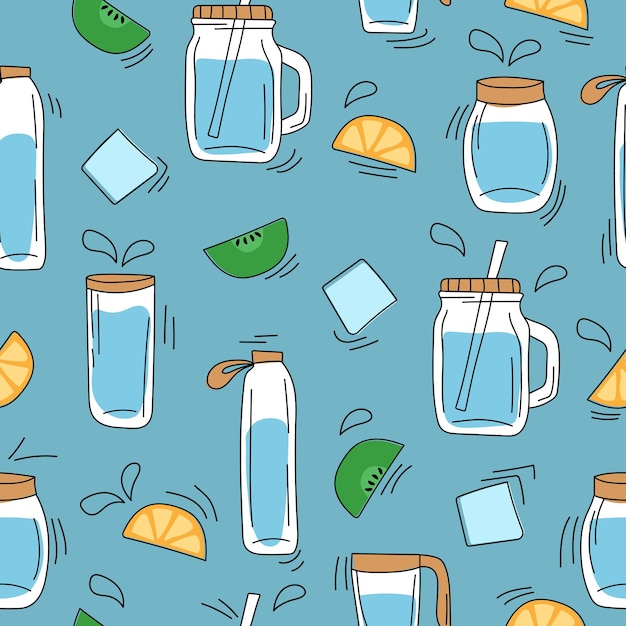 Seamless pattern on blue - hand drawn glass water bottles. Decor from oranges, ice, kiwi. Summer fresh drinks concept