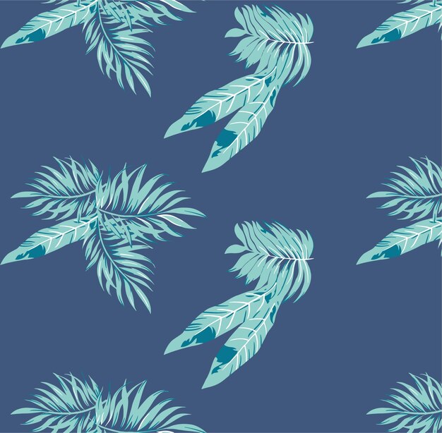 Vector a seamless pattern of blue leaves and feathers.