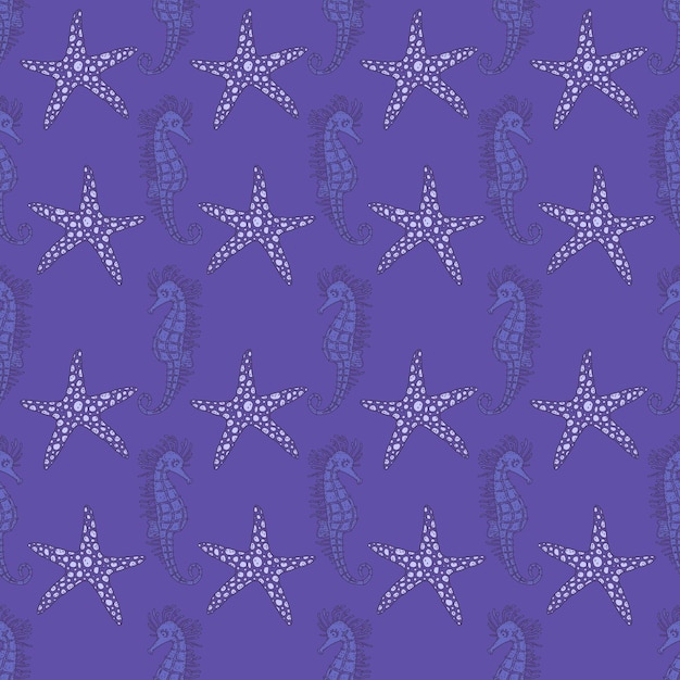 Vector seamless pattern of blue seahorse and seastar vector coralline reef ocean animals underwater life doodle sketch background