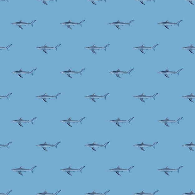 Seamless pattern Blue shark on pastel blue background. Texture of marine fish for any purpose. Geometric template for textile fabric design. Simple vector ornament.