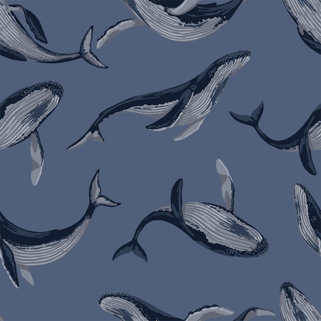 Seamless pattern of blue whales. Hand drawn vector illustration. Ocean underwater animal ornament. Colored design for fabric, textile, background, wallpaper.
