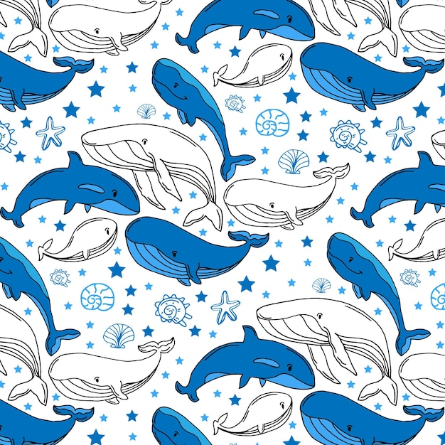 Seamless pattern of blue whales with seashells and stars