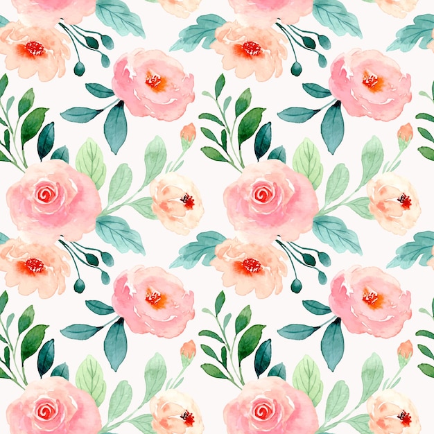 seamless pattern of blush flowers and green leaves with watercolor