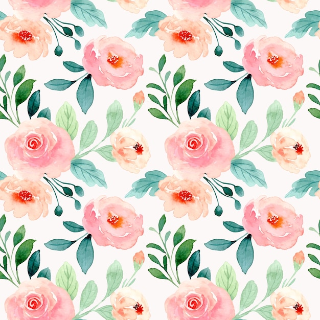 Seamless pattern of blush flowers and green leaves with watercolor