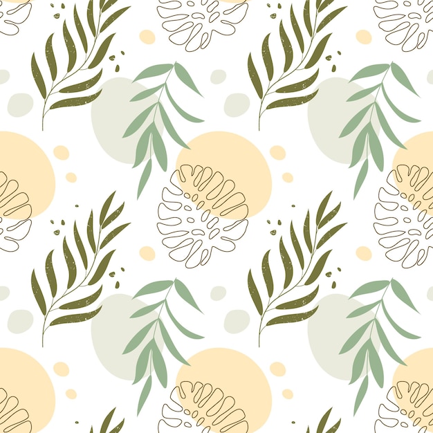 Seamless pattern in boho style branches with leaves monstera and abstract spots of pastel colors