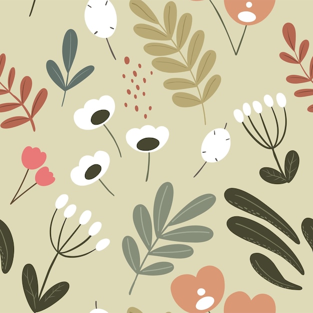 Seamless pattern in boho style handdrawn floral and herbal motifs Vector pattern