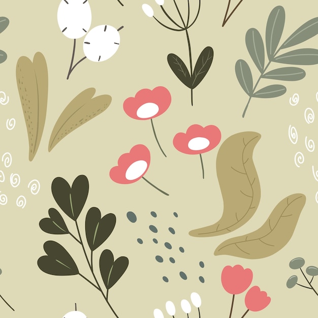 Seamless pattern in boho style handdrawn floral and herbal motifs Vector pattern