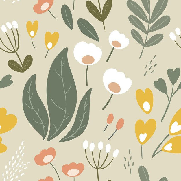 Seamless pattern in boho style handdrawn floral and herbal motifs vector pattern