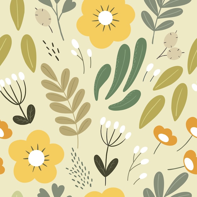 Seamless pattern in boho style handdrawn floral and herbal motifs Vector pattern