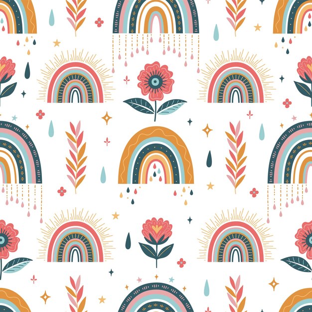 Seamless pattern in boho style with rainbows and flowers Vector image