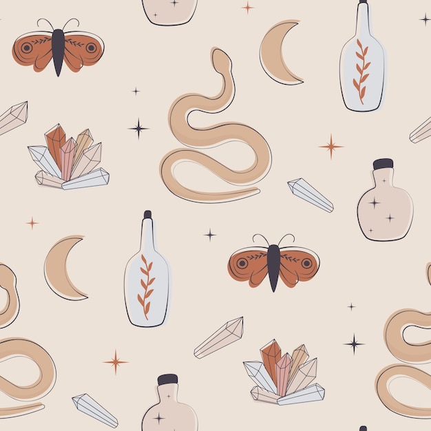 seamless pattern boho style with snakes, crystals, moths and bottles