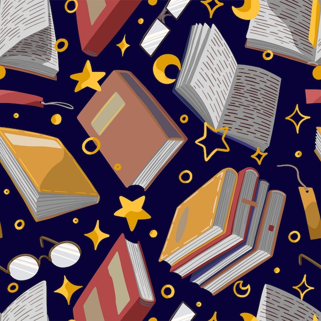 Seamless pattern of books, glasses, bookmarks, stars. hand drawn vector illustrations. colored cartoon ornament. reading design for fabric, textile, background, wallpaper, print, decor.