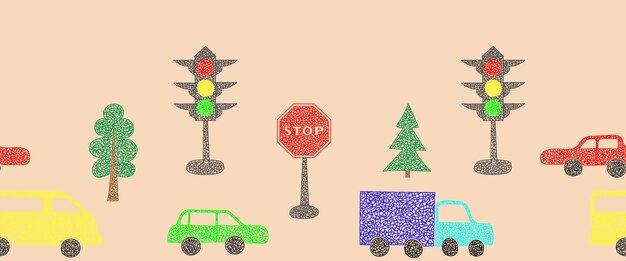 ベージュ色の背景に手で描かれた車のシームレスパターンの境界線は,子供の素朴なスタイルです.