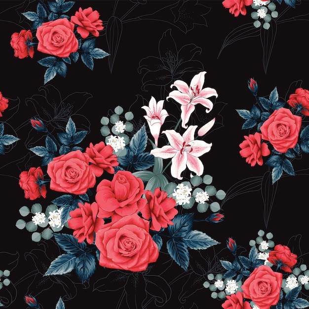 seamless pattern botanical beautiful red rose flowers and lilly black background.