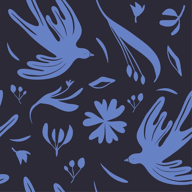 Vector seamless pattern botanical hand drawn ethno style ornament with birds