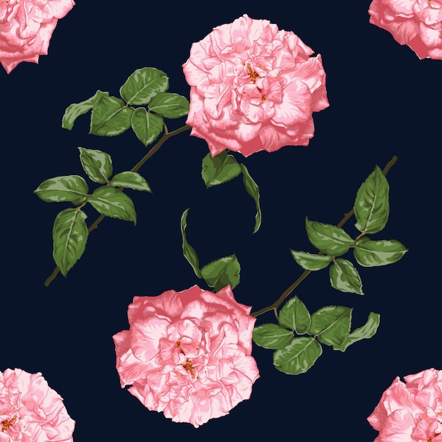 Seamless pattern botanical pink rose flowers on abstract background