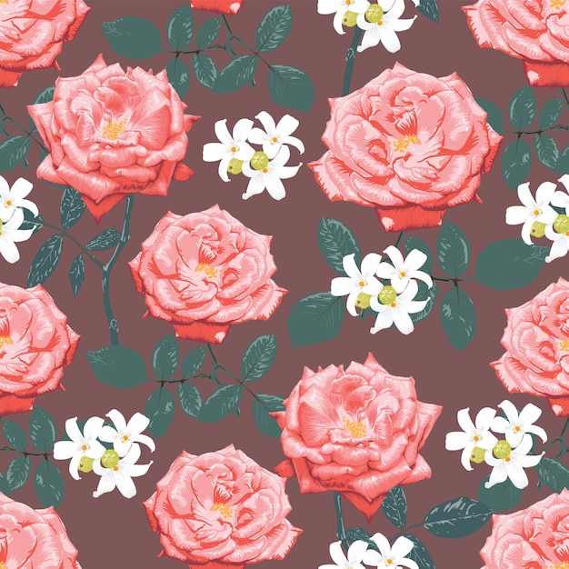 seamless pattern botanical pink rose and white flowers, watercolor style