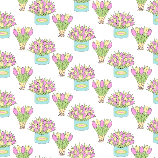 Seamless pattern bouquets of tulips in wrapping paper and round box in trendy gently bright shades