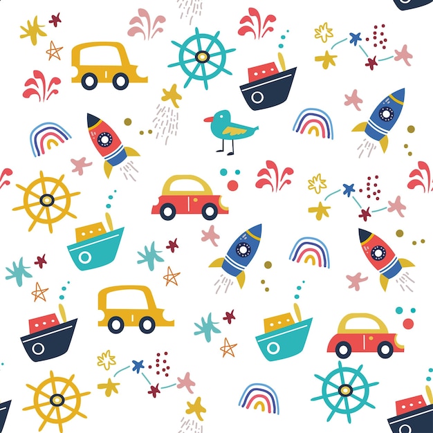 Seamless pattern of the boys elements cars ship rocket