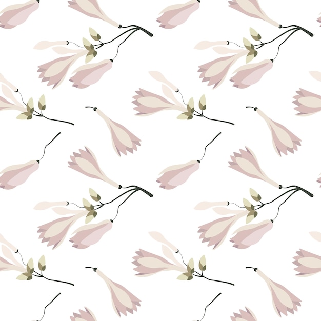 Seamless pattern branches with pale pink magnolia flowers on a white background Print textile